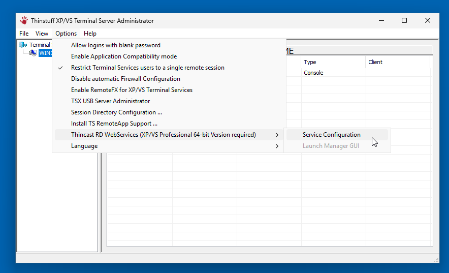 XPVS Administrator with Service configuration menu selected