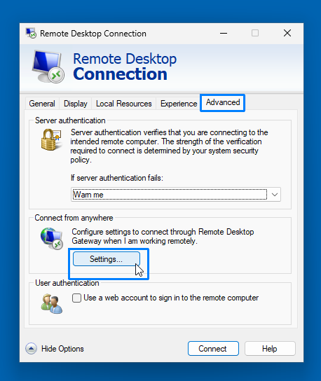 mstsc.exe Advanced tab with Settings button highlighted