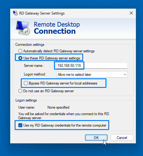 mstsc RD Gateway Server Settings configured