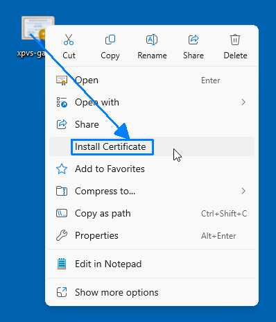 Install certificate via certificate's context menu