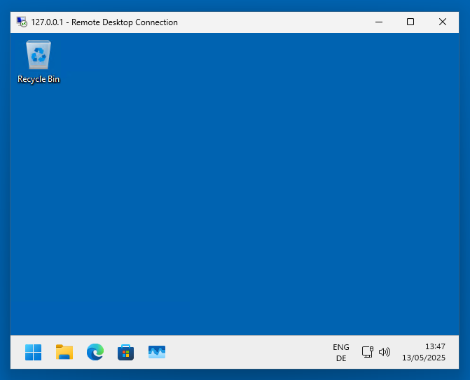 RDP session window titled 127.0.0.1 - Remote Desktop Connection