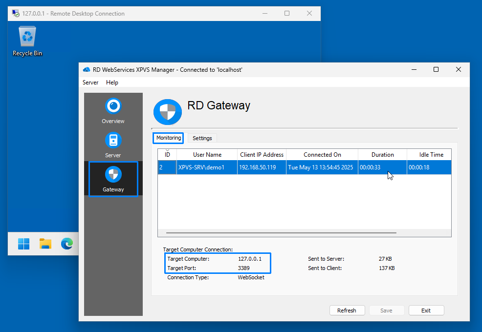 RDWS Manager GUI Monitoring tab showing connection entry
