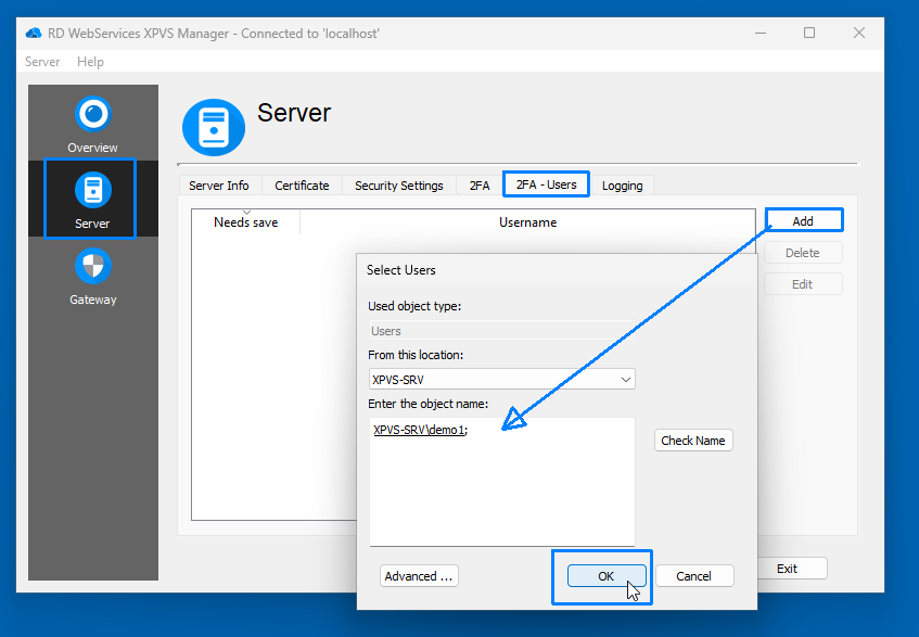 2FA User selection dialog with user demo1 selected
