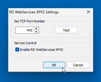 RD WebServices XPVS Settings with port 443 and service enabled