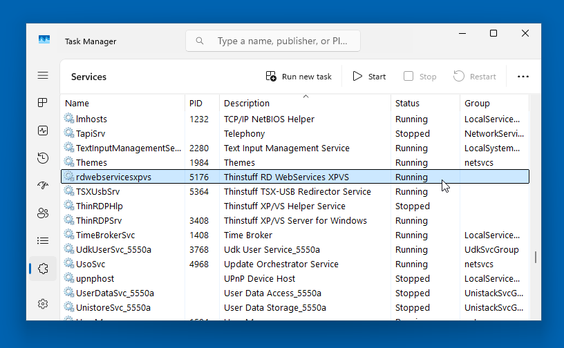 Task Manager showing rdwebservicesxpvs service running